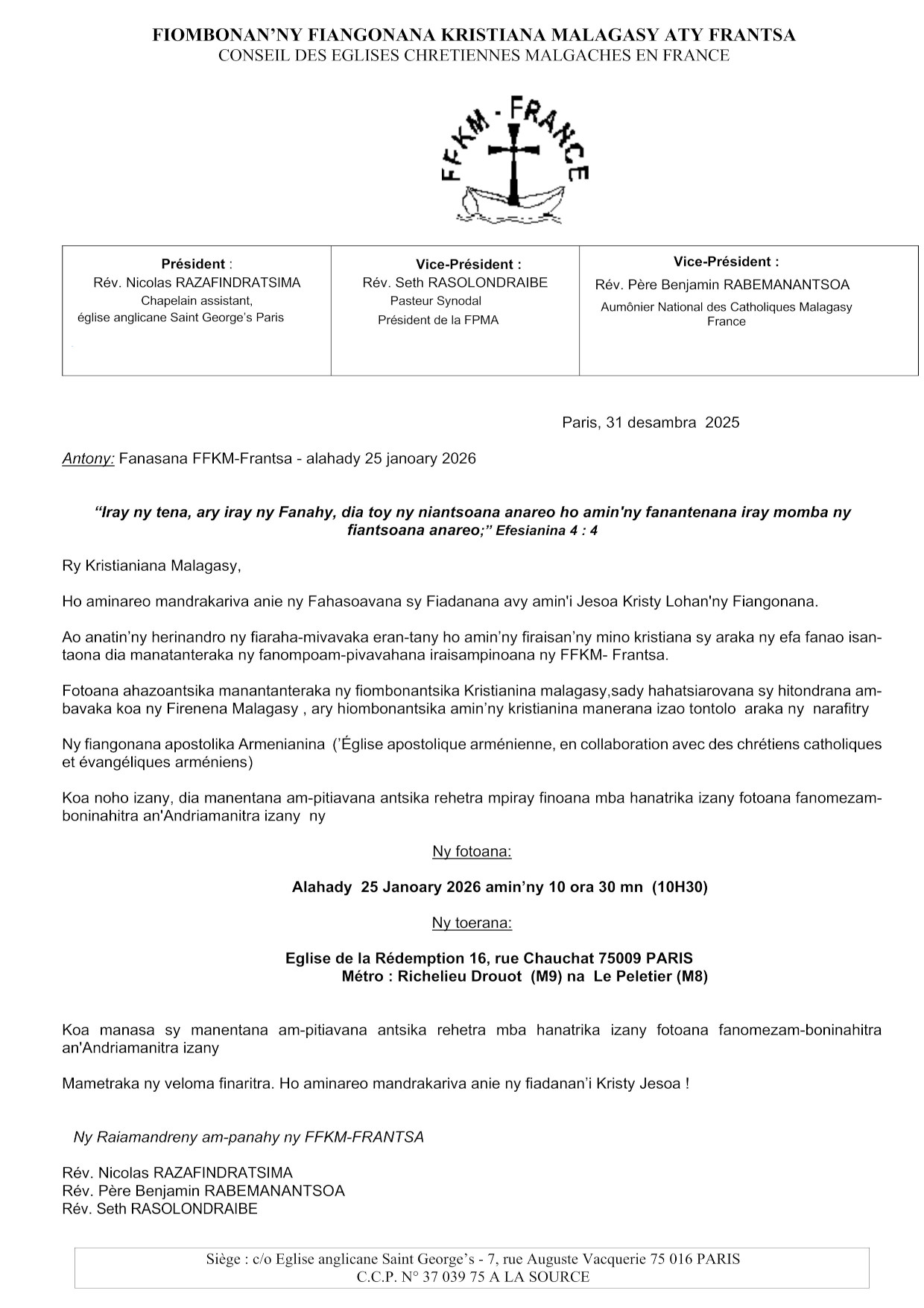 FFKM - CONSEIL DES EGLISES CHRETIENNES MALGACHE - 25/01/2026 - 10H30